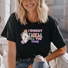 Celebrate the spooky season in style with our "I ghost people all the time" Halloween T-shirt! This eye-catching design features playful fonts and eerie graphics, perfect for adding a touch of Halloween spirit to your wardrobe. Made from soft, high-quality fabric, this shirt is comfortable for all-day wear, whether you're trick-or-treating, attending a Halloween party, or simply enjoying the autumn festivities. Available in various sizes, it's an excellent gift for Halloween enthusiasts of all a Playful Fonts, Ghost People, Gift Sister, Gift Friend, Halloween Spirit, Best Friend Gift, Fete Halloween, Halloween T Shirt, Fall Festival