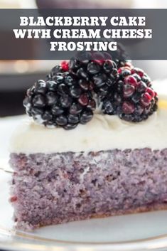 a slice of blackberry cake with cream cheese frosting