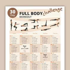 the 30 day full body challenge workout plan is shown in this poster, which includes exercises for