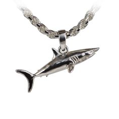 A finely detailed single-sided mako shark pendant displays a realistic and natural appearance. The mako shark is known for their speed, measuring 2.00” x 0.78” x 0.36” (chain not included) and is available in gold and silver of various grades. Made in the USA, Sea Shur Jewelry is meticulously crafted by a dedicated and detailed artist, who works with utmost accuracy to replicate sea life in high-quality metals. Gift boxed and protected in plastic within a cloth pouch All bails are solidly solder Ocean-inspired Silver Necklaces With Charms, Ocean-inspired Silver Round Pendant Jewelry, Ocean-inspired Sterling Silver Pendant Jewelry, Silver Ocean-inspired Pendant Jewelry, Ocean-inspired Silver Pendant Jewelry, Shark Pendant, Mako Shark, Nautical Jewelry, Rope Necklace