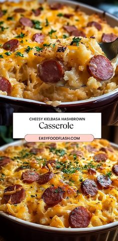 two images show different types of casserole with cheese and pepperoni on top