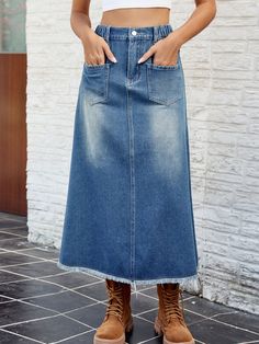 Retro Patch, Denim Button Skirt, Fishtail Skirt, Denim Patterns, Skirt With Pockets, Mid Length Skirts, Denim Midi Skirt, Jeans Rock, Dress Zipper