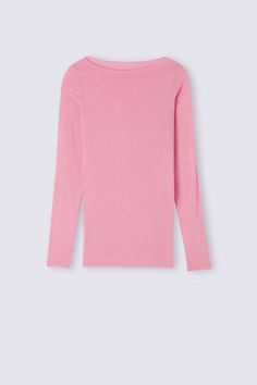 Long-sleeve top in soft modal cashmere ultralight with a boat neckline. Pink Long Sleeve Seamless Top, Solid Color Fine Knit Scoop Neck Tops, Solid Fine Knit Scoop Neck Top, Pink Long Sleeve Viscose Top, Boat Neckline, Boat Neck, Long Sleeve Tops, Sleeve Top, Cashmere