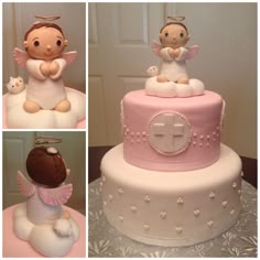 a collage of photos shows a cake with angel figurines on top