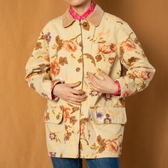 Fits Like S/M (Model 5’4”) Excellent Vintage Condition, Minor Wear Throughout. Cream Floral Print Outerwear For Fall, Spring Yellow Floral Print Outerwear, Casual Yellow Floral Print Outerwear, Mustard Outerwear With Pockets For Spring, Spring Mustard Outerwear With Pockets, Vintage Floral Print Outerwear For Work, Vintage Yellow Cotton Outerwear, Floral Print Jacket, Coats Vintage