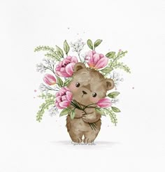 a watercolor drawing of a teddy bear holding flowers