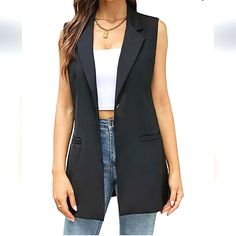 This Long Sleeveless Open Front Tuxedo Duster Blazer Vest Is A Chic & Stylish For All Year. Soft & Lightweight Fabric, Simple But Elegant Design. Features Welted Pockets W/Pull Out Flaps & Notched Turn Down Collar. Open Front Buttons, Above Knee Length, Perfect For A Normal Street Day, Wearing To Work, Or Going To A Formal Party. This Long Blazer Is Perfect Casual Or Office/Work Wear Ready Wesr All Year With Tanks In Spring & Summer & Turtlenecks In Fall & Winter. Fits Xs & S. Nwot -Brand New Po Classic Black Summer Vest, Sleeveless Black Outerwear For Summer, Black Sleeveless Outerwear For Summer, Black Sleeveless Summer Outerwear, Trendy Black Vest With Pockets, Trendy Sleeveless Vest For Workwear, Black Vest Outerwear For Night Out, Sleeveless Vest Outerwear For Night Out, Casual Black Vest For Office