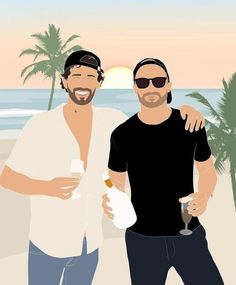 two men standing next to each other on a beach with palm trees in the background