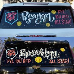 the back of a van with stickers on it's windows and lettering that says, regn you need all star