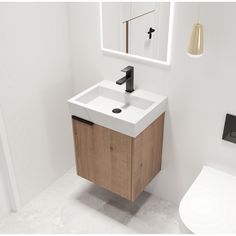 a white sink sitting under a mirror next to a wooden cabinet in a bathroom with a toilet