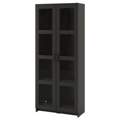 a tall black cabinet with glass doors on the front and bottom shelves, against a white background