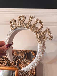 Bridal pearl bride to be hen party bachelorette headband / crown  Complete with Gold bride letters and Pearl encrusted headband  You can buy the headband on its own or with the veil attached or the headband and the veil separately on a comb  Designed to last if looked after Bachelorette Headband, Hen Do Party, Christmas Bride, Bridal Wardrobe, Embellished Headband, Bride Crown, Jeweled Christmas, Pearl Bride, Bride Tiara