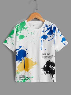 Multicolor Casual  Short Sleeve Polyester Graphic,Slogan  Embellished Slight Stretch Summer Boys Clothing Boy Closet, Fancy P, Kids Tshirt Designs, Boys Closet, Mens Printed Shirts, Ink Splatter