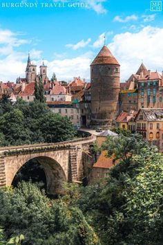 an old stone bridge over a river with buildings in the background and trees around it