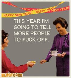 two women holding plates with food on them in front of a happy new year message