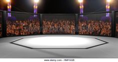 an empty wrestling ring with fans in the stands at night - stock image, 3d rendering