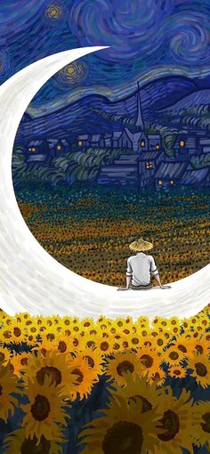 a painting of a man sitting on top of a moon in the middle of sunflowers