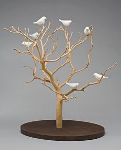 a tree with five white birds sitting on it