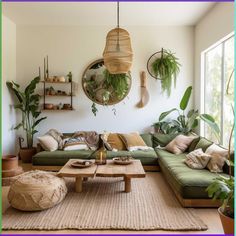 a living room filled with lots of green furniture and plants on the wall above it