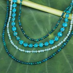 Beaded necklace - Forest Lagoon | NOVICA Waterfall Necklace, Best Friend Jewelry, Beaded Jewelry Designs, Handmade Beaded Necklaces, Diamond Jewelry Designs, Quartz Jewelry, Handmade Jewelry Designs, Shiny Things, Blue Quartz