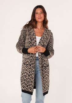 A unique bohemian sweater coat with side pockets. Designed in LA, click to shop for more affordable & unique boho sweaters! Boho Sweaters, Bohemian Cardigan, Bohemian Sweater, Knit Jacquard, Jacquard Design, Boho Sweater, Sweater Coat, Jacquard Knit, Cozy Sweater