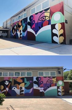 two photos side by side of a building with colorful mural on it's side