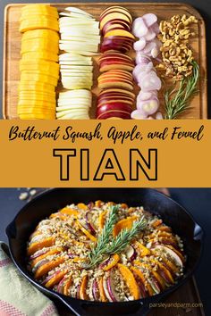 different types of food in a pan with the words, butternut squash apple and fennel