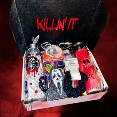 an open box with various items inside on a red background that says kill'n'it