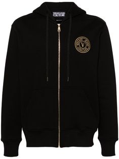 black cotton jersey texture embroidered logo at the chest drawstring hood front zip fastening long sleeves ribbed cuffs and hem four front flap pockets fleece lining Versace Sweater, Versace Logo, City Shorts, Versace Jeans Couture, Summer Beach Wear, Versace Jeans, Mens Activewear, Light Jacket, Jacket Style