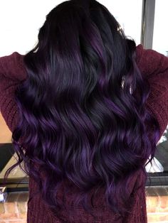 Long Dark Hair With Purple Highlights, Dark Purple Balayage Black Hair, Dark Hair With Purple Balayage, Dark Purple Hair With Brown Plum Highlights Balayage, Royal Purple Highlights, Hair Colour Short Hair, Purple And Black Balayage, Dark Hair Color With Purple, Purple Balyage Long Hair Brunettes