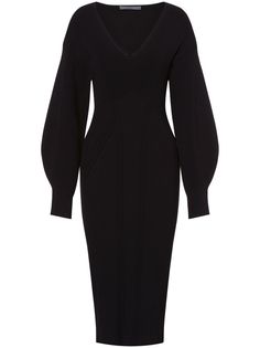 black knitted construction ribbed knit V-neck long sleeves fitted-cuff sleeves straight hem mid-length Long Sleeve Knit Dress, Ribbed Knit Dress, City Dress, Alberta Ferretti, Online Dress Shopping, Black Knit, Black Midi Dress, Cuff Sleeves, Black Maxi Dress