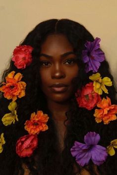 a woman with flowers in her hair