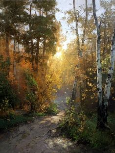 an oil painting of a path in the woods with sunlight coming through trees and leaves