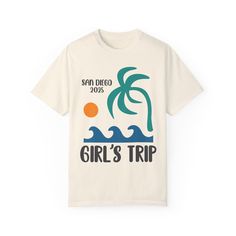 Get ready for your next beach vacation with our custom beach tee. Any of the text on this shirt can be customized for your bachelorette party vacation or girl's trip! * Please enter your group name, location, and date in the personalization box prior to check-out.   We use professional quality DGT printing on all our apparel. Direct-to-garment, or DTG, is a high quality printing method that sprays ink directly onto the garment so there is no peeling or cracking. This fabulous graphic will be printed on a Comfort Colors Unisex T-Shirt. Please refer to the size charts in the images for your best fit.  Production Time: 1-5 days Shipping Time: 2-5 days Machine wash: cold  Non-chlorine: bleach as needed Tumble dry: low heat Iron, steam or dry: medium heat Do not dry clean Beachwear T-shirt With Graphic Print For Summer Adventures, Tropical Graphic Print T-shirt For Vacation, Family Vacation T-shirt With Custom Print, Custom Print T-shirt For Beach Vacation, Summer Camp Shirt With Graphic Print For Vacation, White Tropical T-shirt For Beach Season, White T-shirt For Family Beach Vacation, Summer Graphic Print Camp Shirt For Vacation, Summer T-shirt For Family Vacation At The Beach