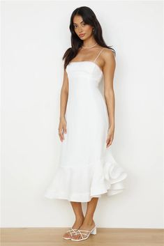 The Running Free Midi Dress in White has summer vacation written all over it. This lightweight and flowy dress is perfect for warmer weather and made for running around and letting the breeze flow by. Pair with white sandals and hair in loose waves to complete the look. Midi Dress White, White Slip Dress, Draped Midi Dresses, Midi Dress Style, Linen Midi Dress, Grad Dresses, White Sandals, Red Midi Dress