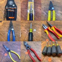 various tools are laid out on a wooden table