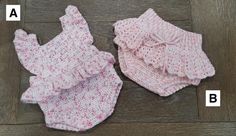 two crocheted baby diapers sitting on top of a wooden floor next to each other