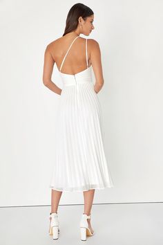 Swoon-worthy style is easy to achieve this season when you have the Lulus Wondrous Muse White Pleated One-Shoulder Midi Dress in your wardrobe! Lightweight, pleated chiffon shapes this gorgeous dress that features a princess-seamed bodice, a trendy one-shoulder neckline, and dual adjustable spaghetti straps. The high, fitted waist tops a breezy A-line skirt that falls to an elegant midi hem. Hidden back zipper/clasp. Fit: This garment fits true to size. Length: Mid-calf length. Size medium measu White Pleated Knee-length Midi Dress, White Flowy A-line Midi Dress, White A-line Midi Dress With Ruched Bodice, Long Sleeve White Dresses, White Midi-length Maxi Dress With Pleated Waist, Long Sleeve White Dress Short, White Stretch A-line Midi Dress, Dresses For Women Short, White Dresses For Sale