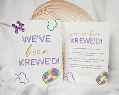 two greeting cards with the words we've been krewwed on them next to a wicker basket