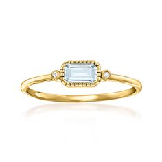 .20 Carat Bezel-Set Aquamarine Ring with Diamond Accents in 14kt Yellow Gold | Ross-Simons Senior Rings, March Birthdays, Emerald Cut Aquamarine Ring, Italian Gold Jewelry, Aquamarine Birthstone, Pearl Strands Necklace, Diamond Tennis Necklace, Fine Jewelery, Mixed Metal Jewelry