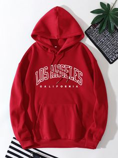 Red Casual Collar Long Sleeve Polyester Letter Pullovers Embellished Slight Stretch Fall/Winter Men Hoodies & Sweatshirts Los Angeles Print, Thermal Hoodie, Pocket Sweater, Lined Hoodie, Letter Print Hoodie, Active Hoodie, Red Hoodie, Drawstring Hoodie, Adidas Black