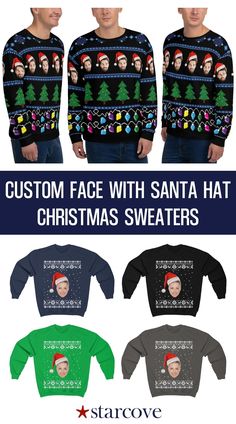 two men wearing ugly ugly christmas sweaters with santa hats and snowflakes on them