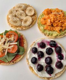 four different types of food are arranged on a white surface with words written in the middle