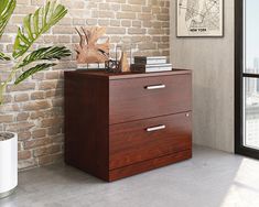 a wooden filing cabinet next to a brick wall with a plant in front of it