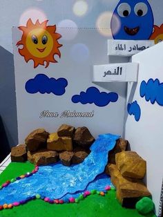 there is a cake made to look like a water source and rocks on the ground