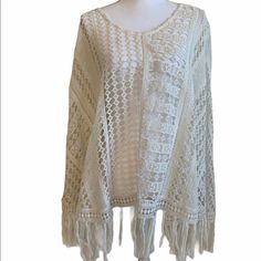 Brand New Merona Poncho! Never Warn! Cream Poncho For Beach In Fall, Cream Poncho For Fall Beach Trips, Beige Knit Poncho For Spring, One Size Beige Sweater For The Beach, One Size Bohemian Crochet Knit Top, Cream Poncho For Beach In Spring, Cream Poncho One Size For Spring, Bohemian Knitted Poncho For Spring, Bohemian Knit Poncho For Spring