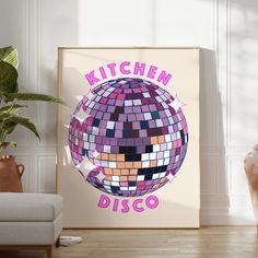 a kitchen disco poster hanging on the wall next to a chair and potted plant