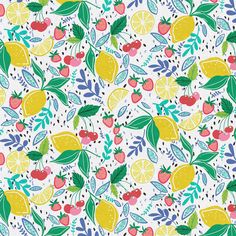 a pattern with lemons, cherries and leaves