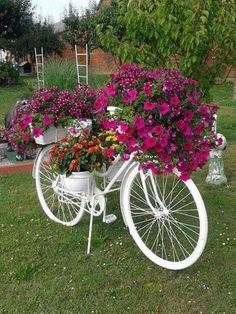 a white bicycle with flowers in the basket