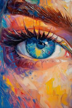 an eye with blue and yellow colors painted on it's iris, looking down at the viewer